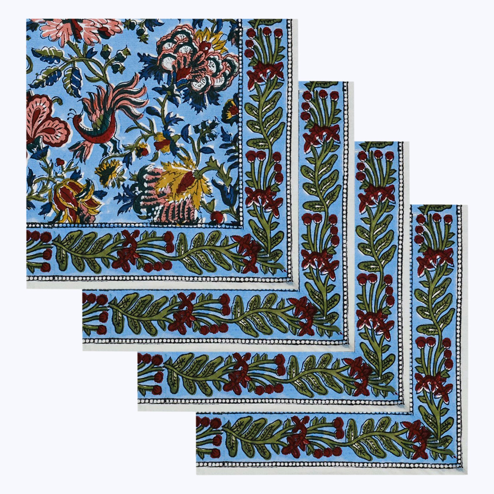 Blue and Red Hand Block Printed Cotton Napkins Set Of 4 - My Store