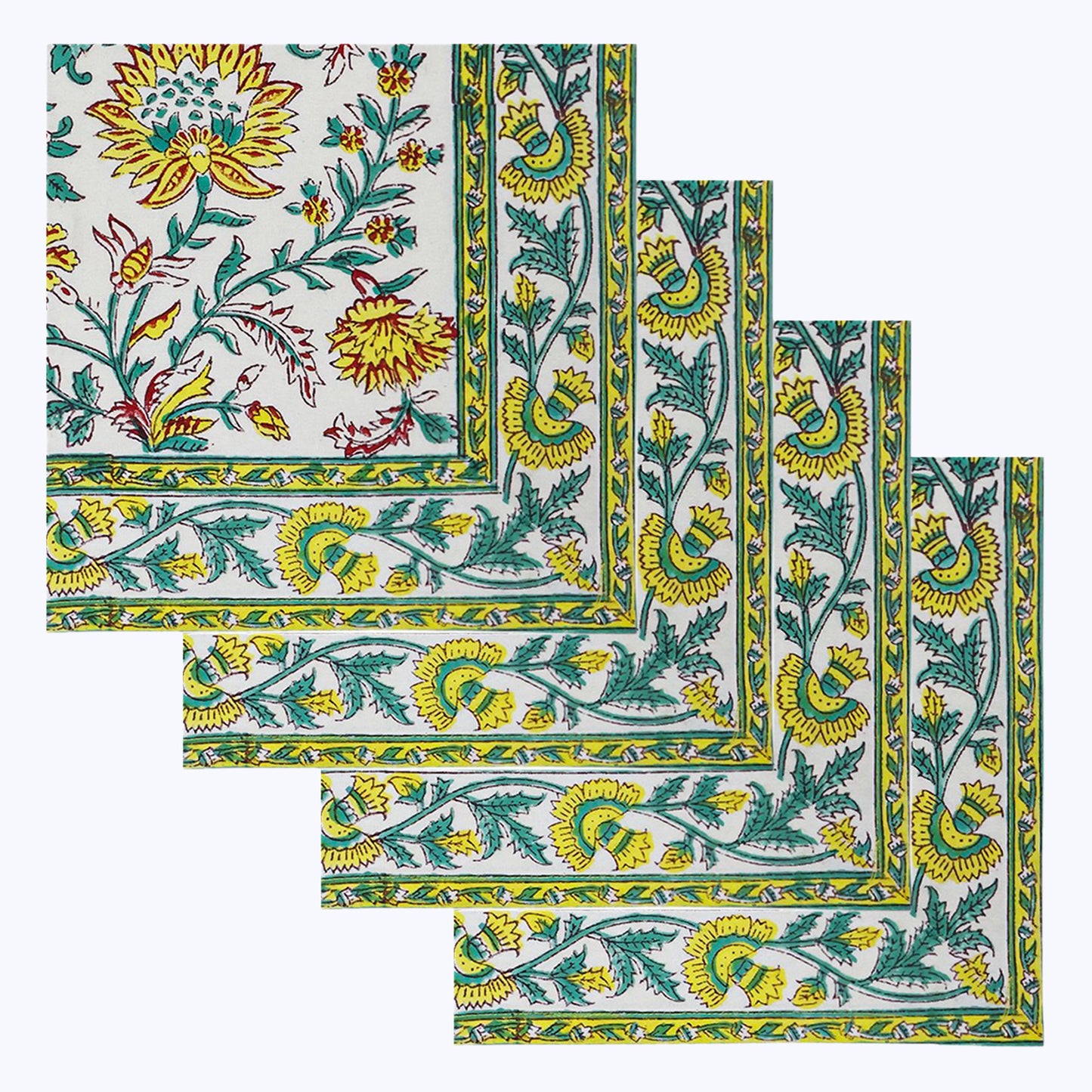 Green and Yellow Handmade Block Printed Cotton Napkins Set Of 4 - My Store