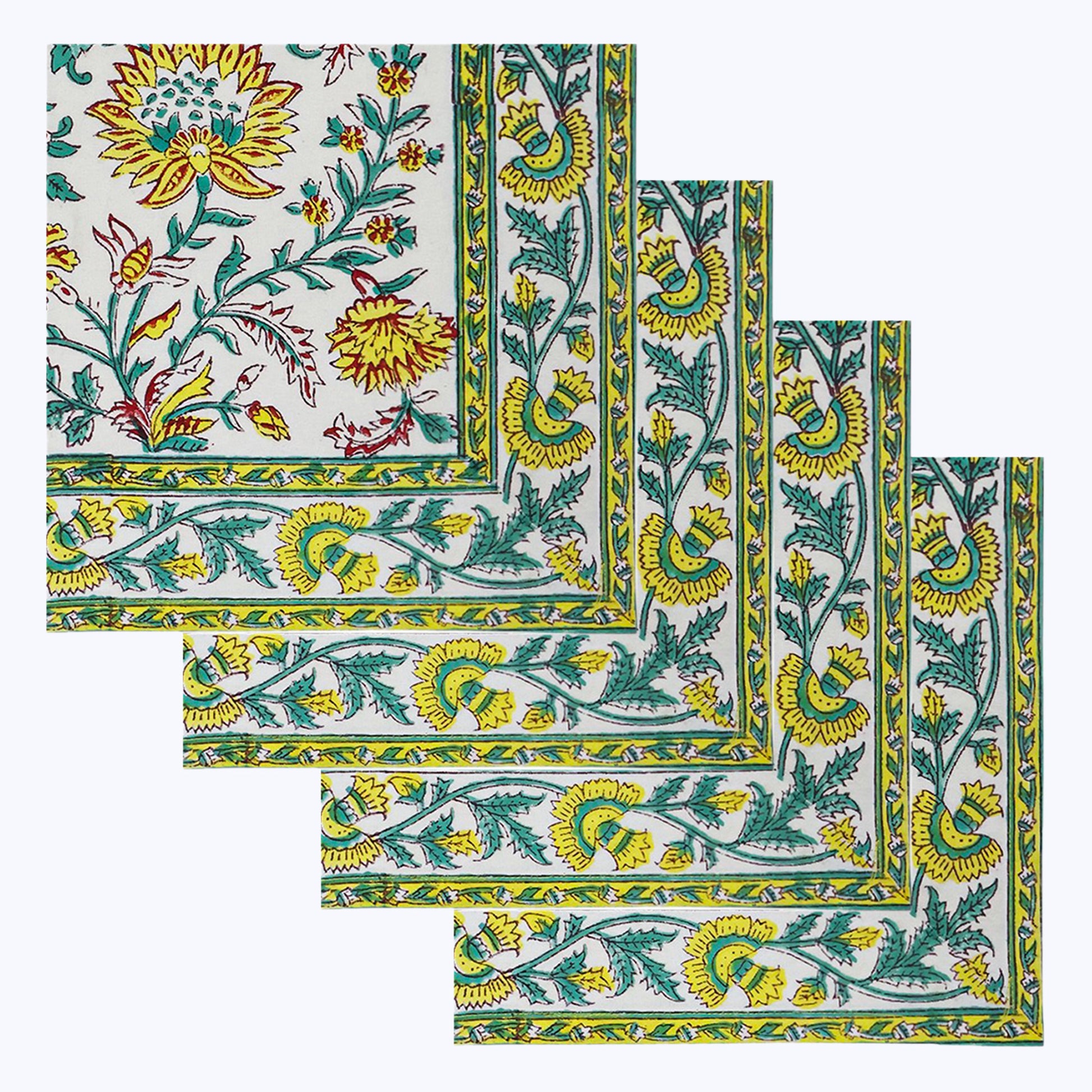 Green and Yellow Handmade Block Printed Cotton Napkins Set Of 4 - My Store