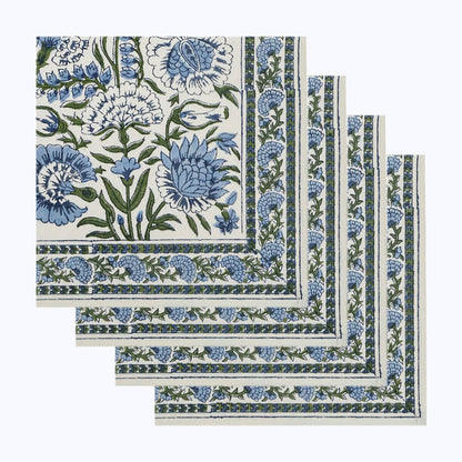 Blue and White Hand Block Printed Floral Set Of 4 Napkins - My Store