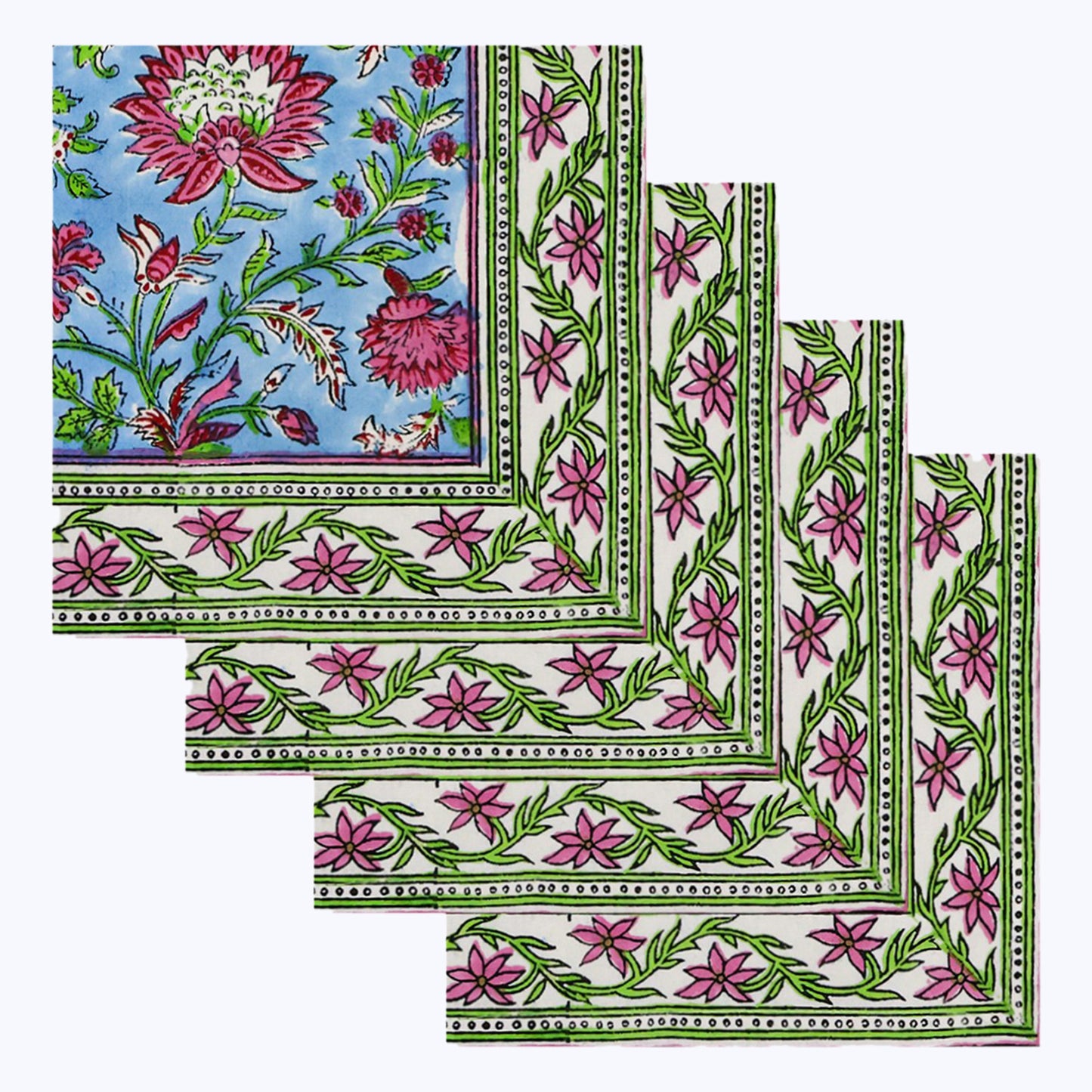 Blue and Pink Hand Block Printed Cotton Napkins Set Of 4 - My Store