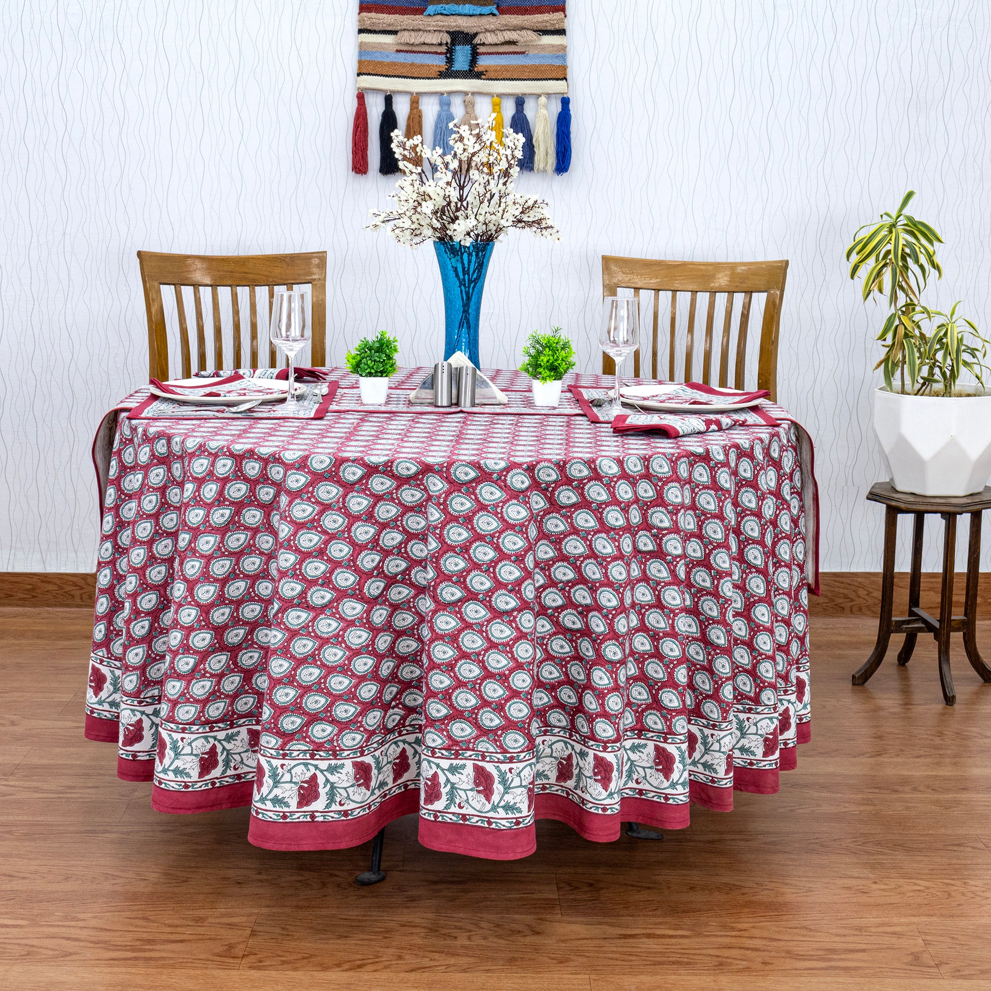 Red and White Cotton Hand Block Printed Round Tablecloth - My Store