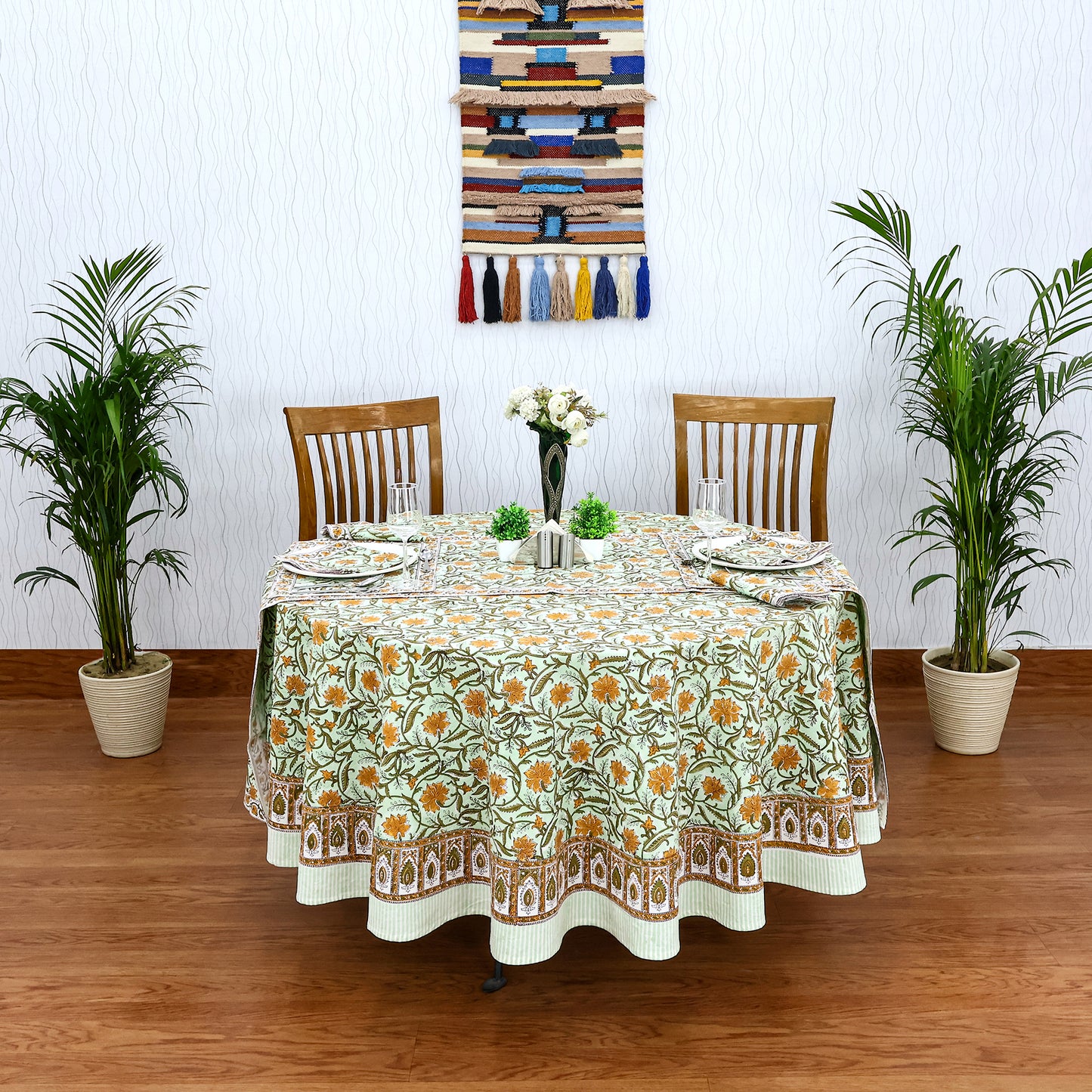 Green and Orange Hand Block Printed Cotton Tablecloth - My Store