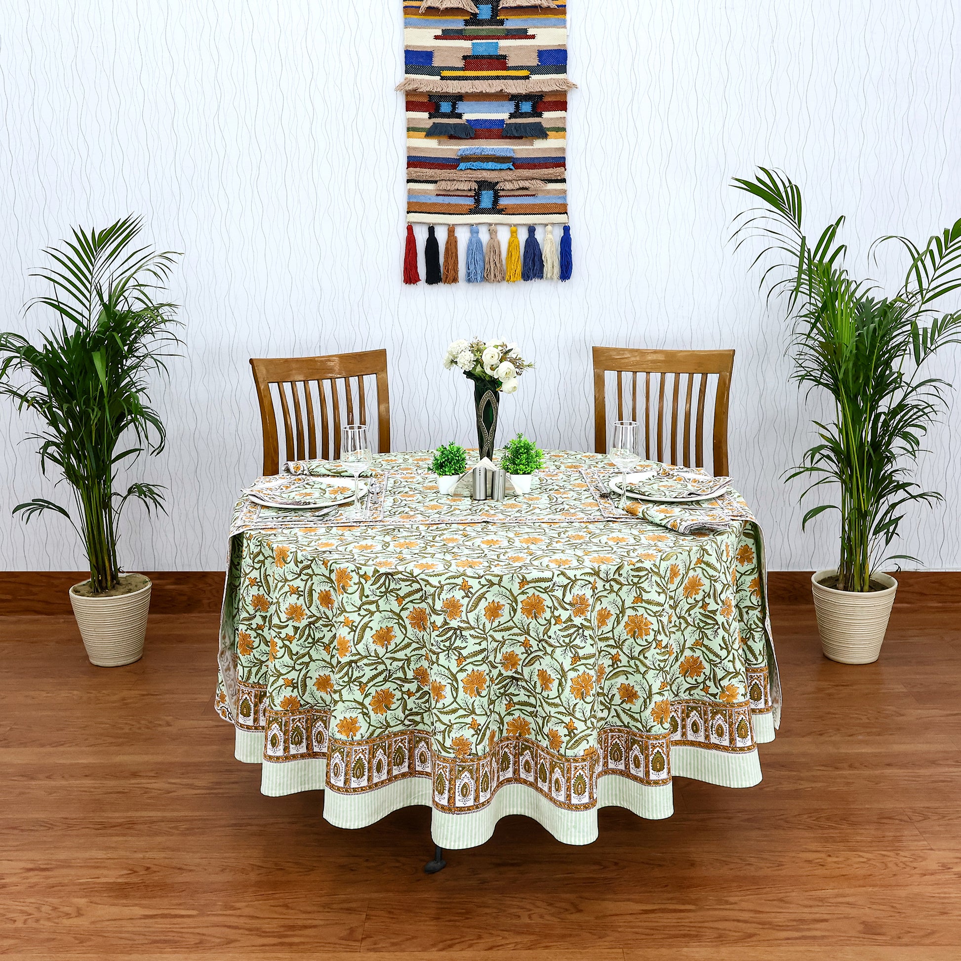 Green and Orange Hand Block Printed Cotton Tablecloth - My Store