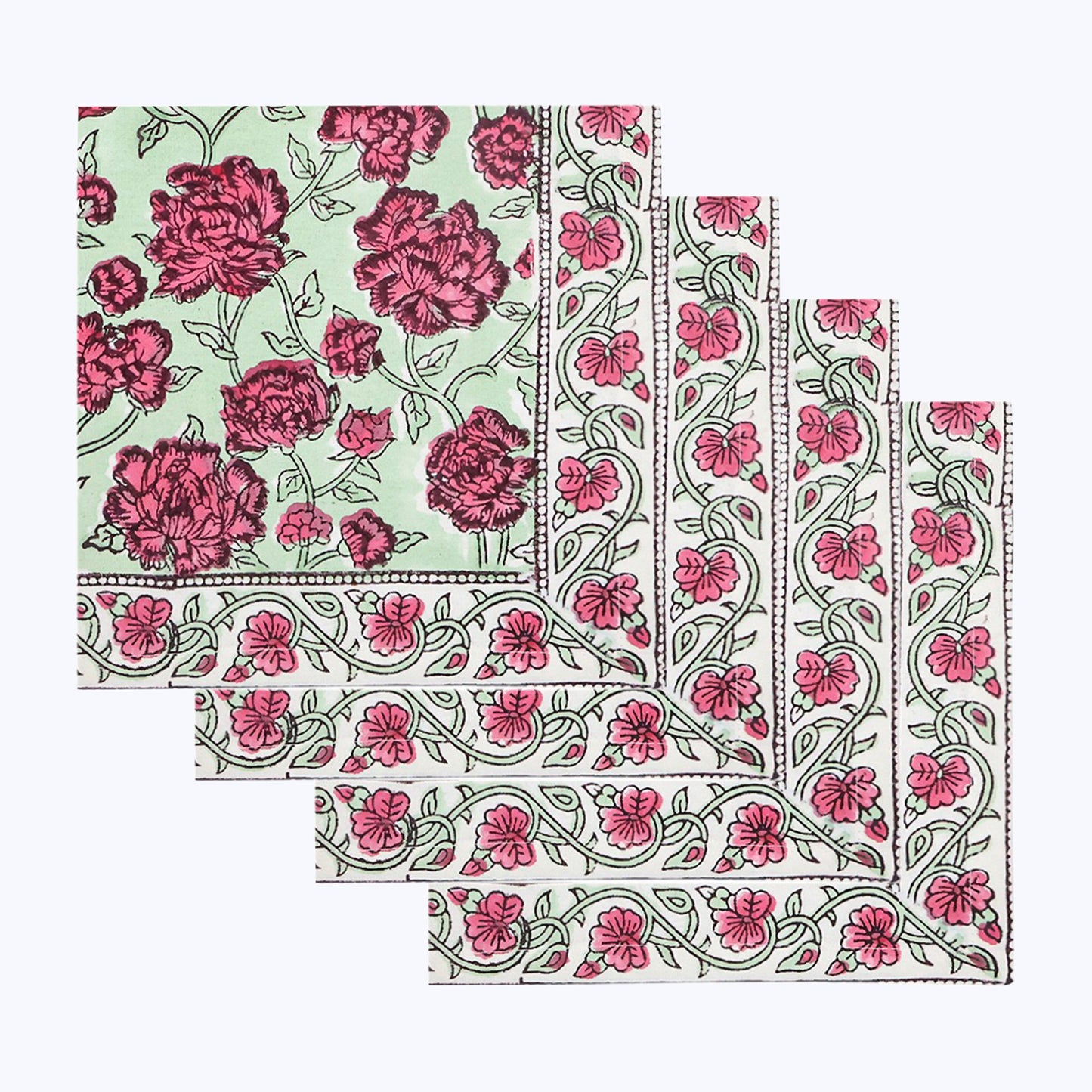 Pink and Green Handmade Block Printed Cotton Napkins Set Of 4 - My Store