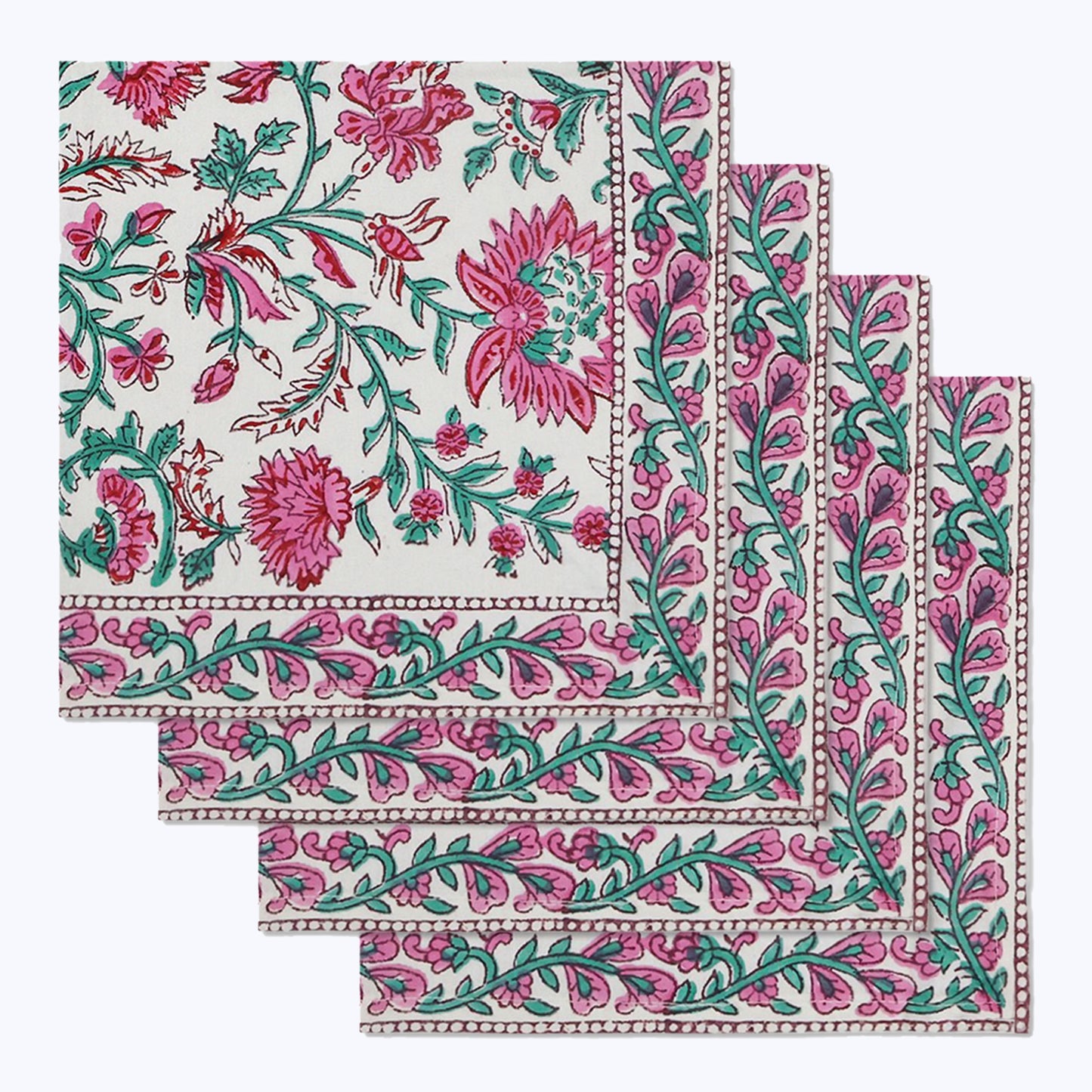 Pink and Green Hand Block Print Cotton Napkins Set Of 4 Pieces - My Store