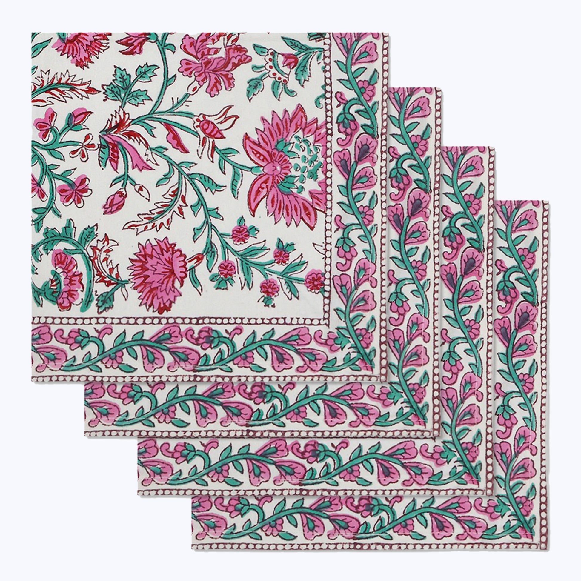 Pink and Green Hand Block Print Cotton Napkins Set Of 4 Pieces - My Store