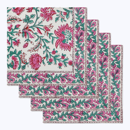 Pink and Green Hand Block Print Cotton Napkins Set Of 4 Pieces - My Store