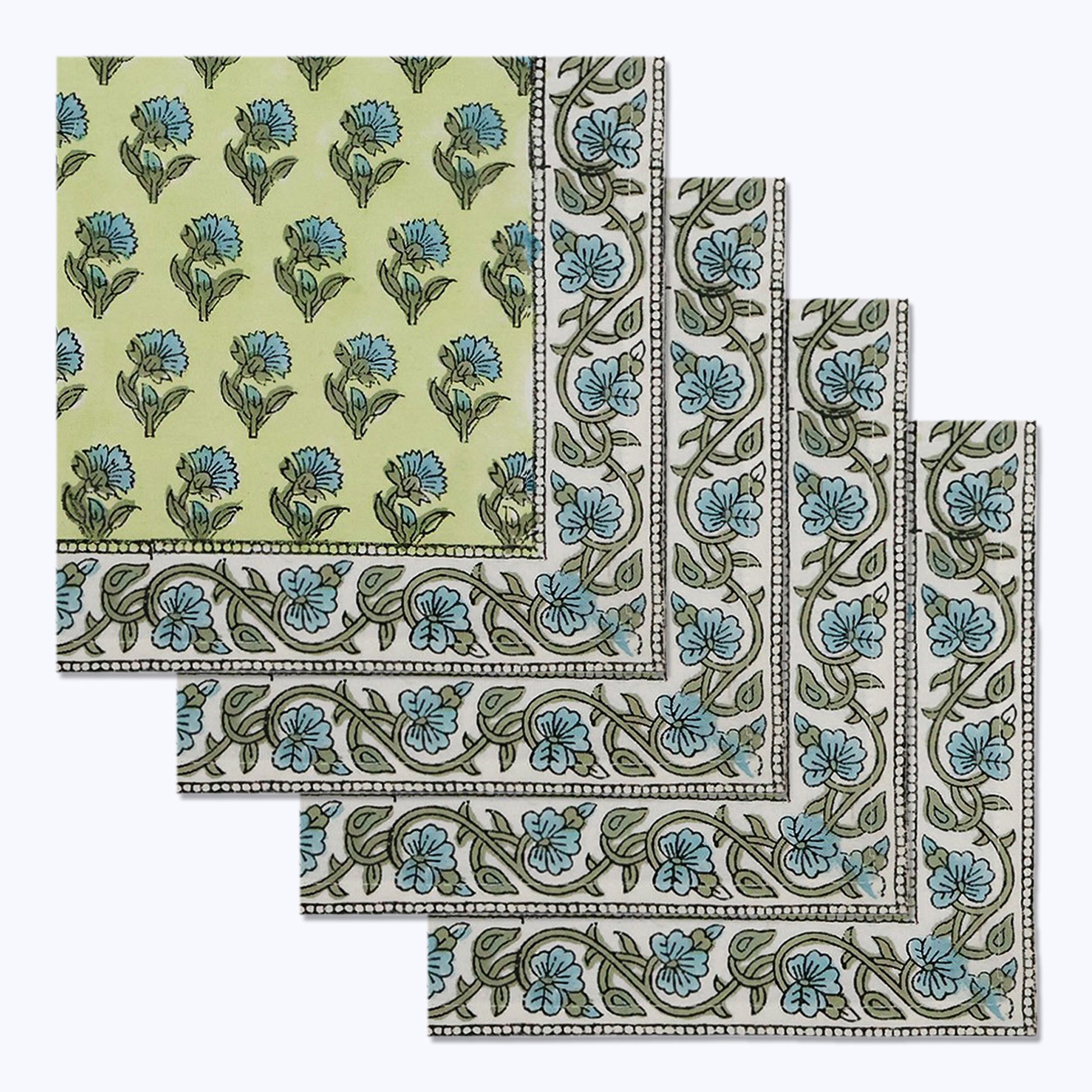 Green and Blue Hand Block Printed Cotton Napkins Set Of 4 - My Store