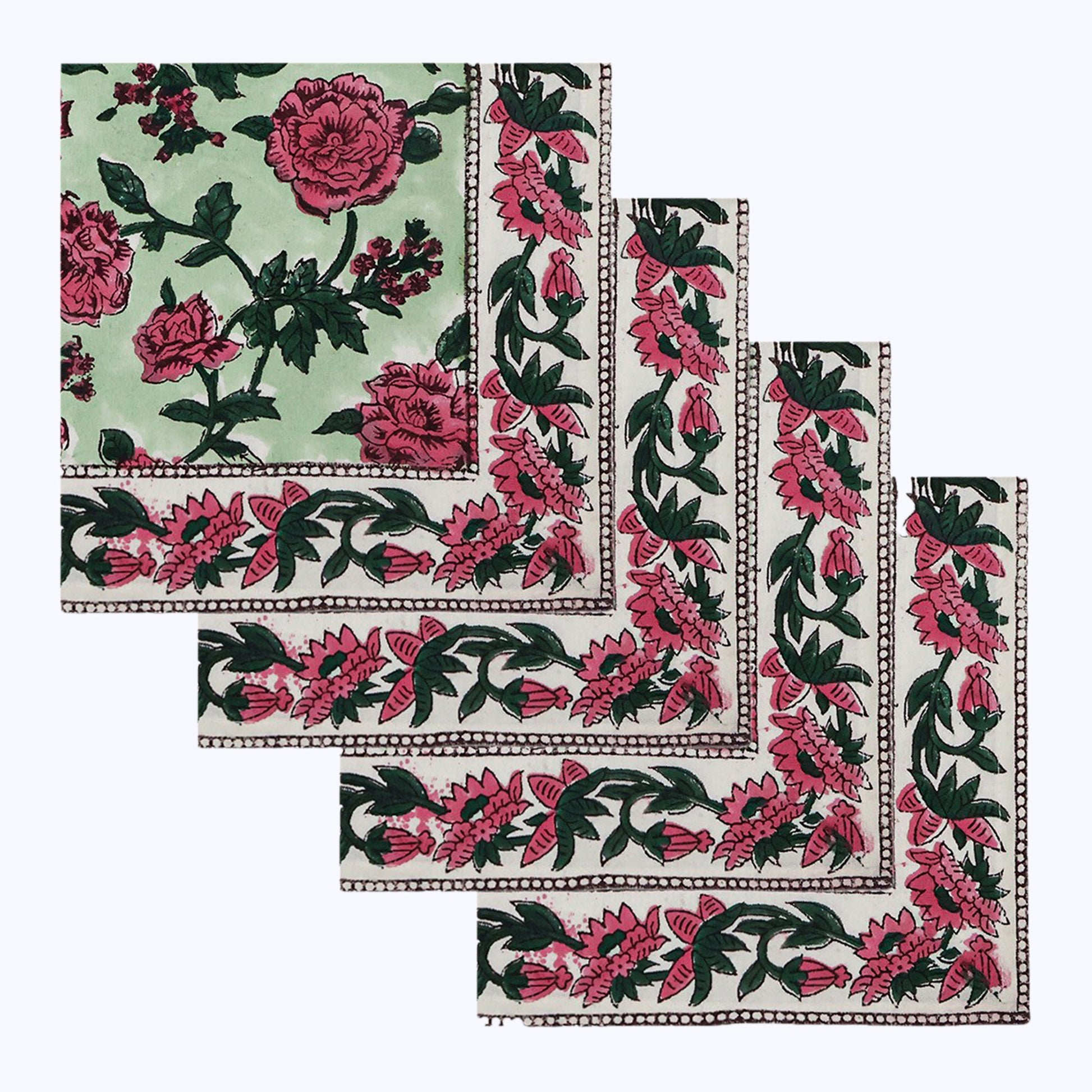 Pink and Green Hand Block Printed Cotton Napkins Set OF 4 - My Store