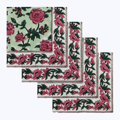 Pink and Green Hand Block Printed Cotton Napkins Set OF 4 - My Store