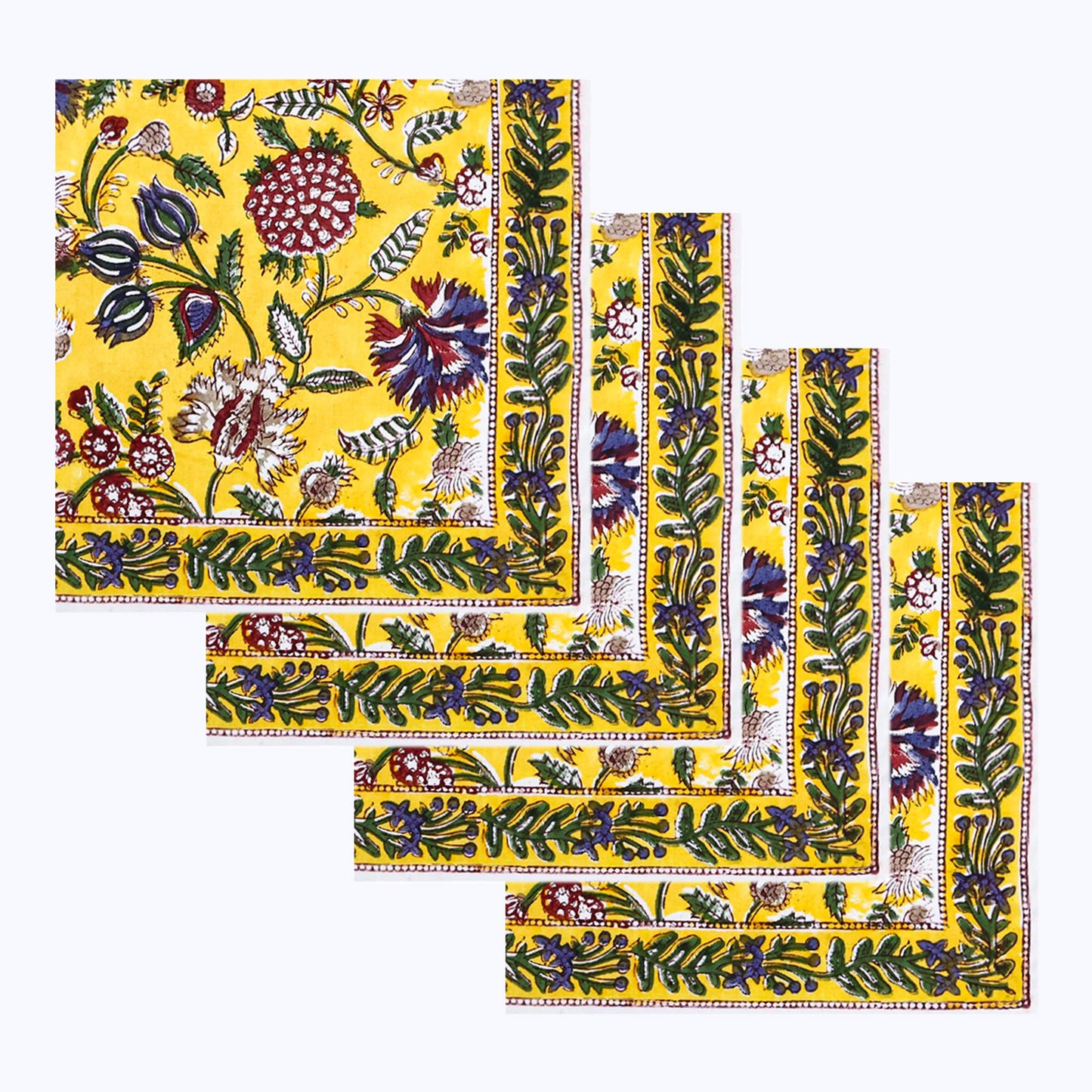 Yellow With Green Hand Block Printed Cotton Napkins Set Of 4 - My Store