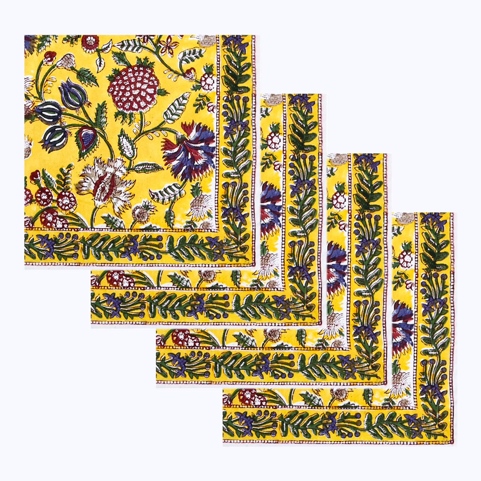 Yellow With Green Hand Block Printed Cotton Napkins Set Of 4 - My Store