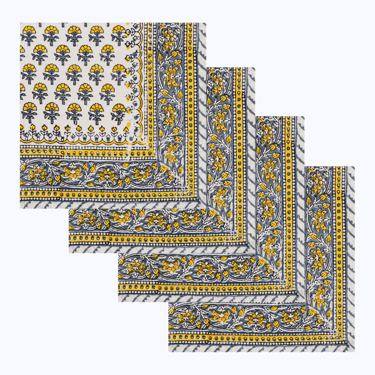Yellow and White Hand Block Printed Cotton Napkins Set Of 4 Pieces - My Store