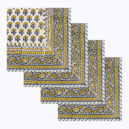 Yellow and White Hand Block Printed Cotton Napkins Set Of 4 Pieces - My Store