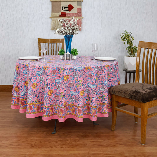 Pink and Blue Handmade Block Printed Round Tablecloth - My Store