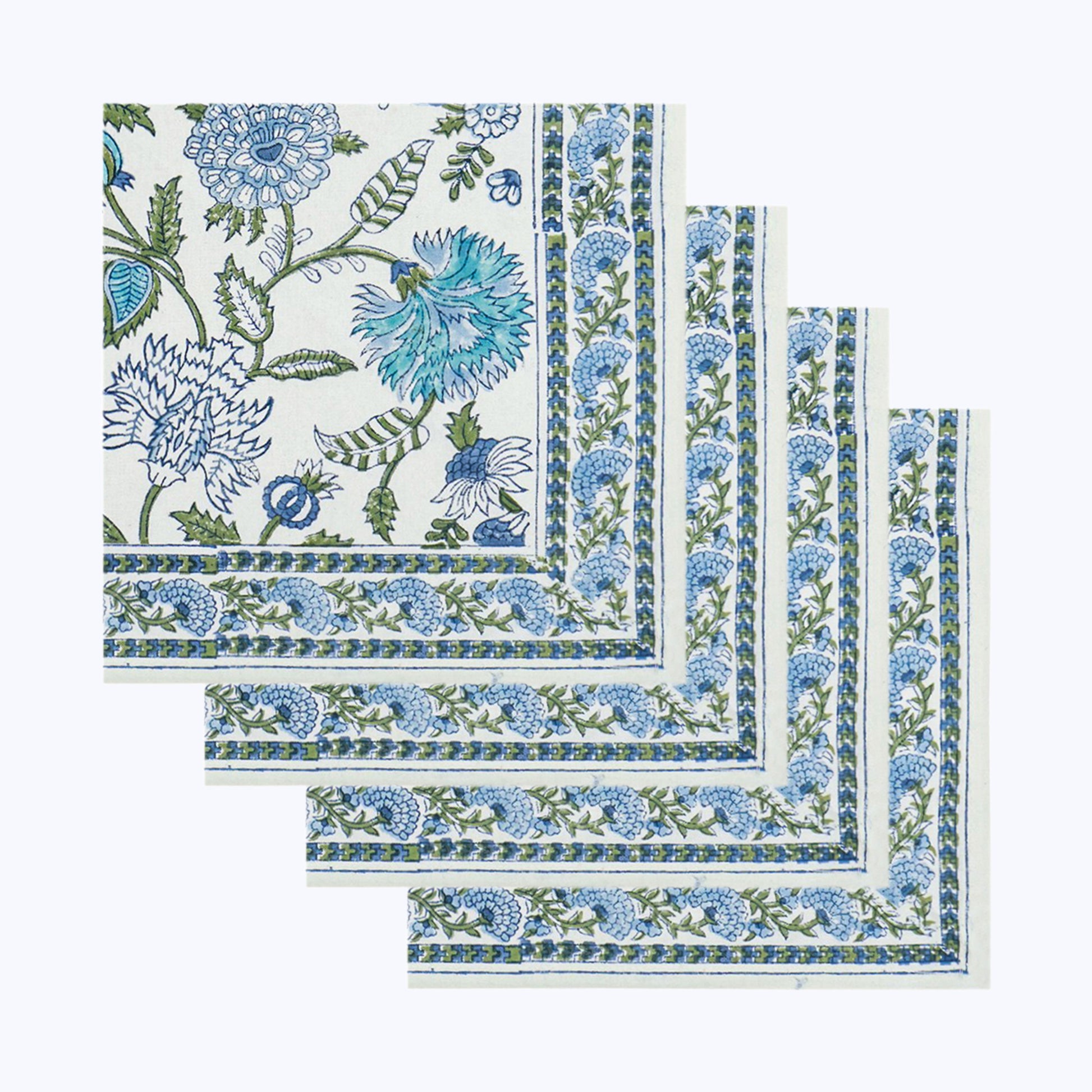 Blue and White Cotton Block Print Set Of 4 Napkins - My Store