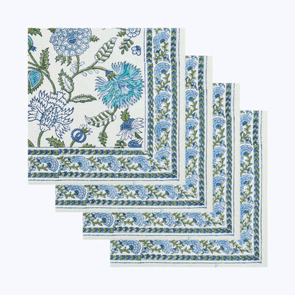 Blue and White Cotton Block Print Set Of 4 Napkins - My Store