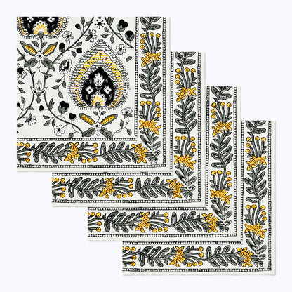 Yellow and Black Hand Block Printed Cotton Set Of 4 Napkins - My Store