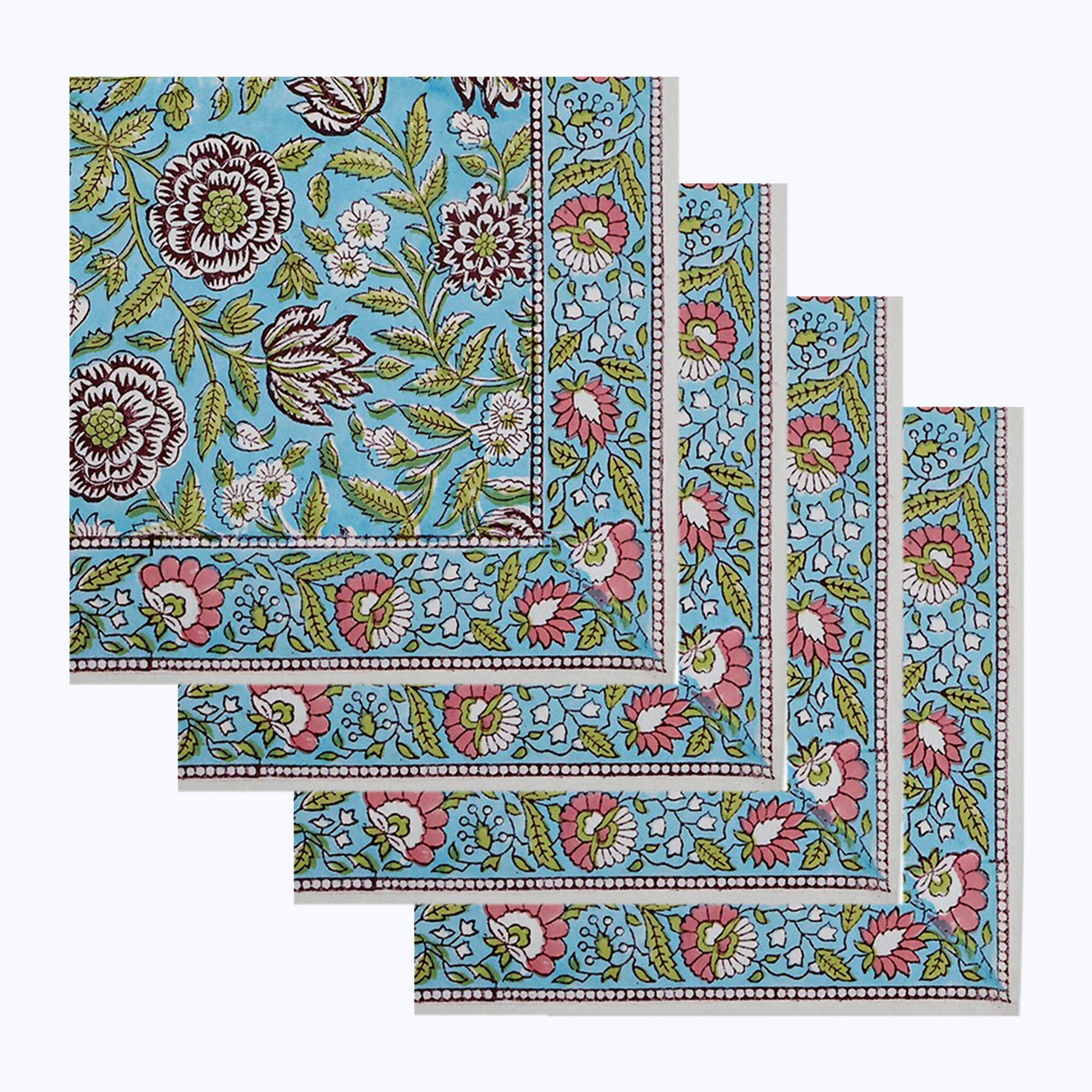 Green With Red Handmade Block Printed Cotton Napkins Set Of 4 - My Store