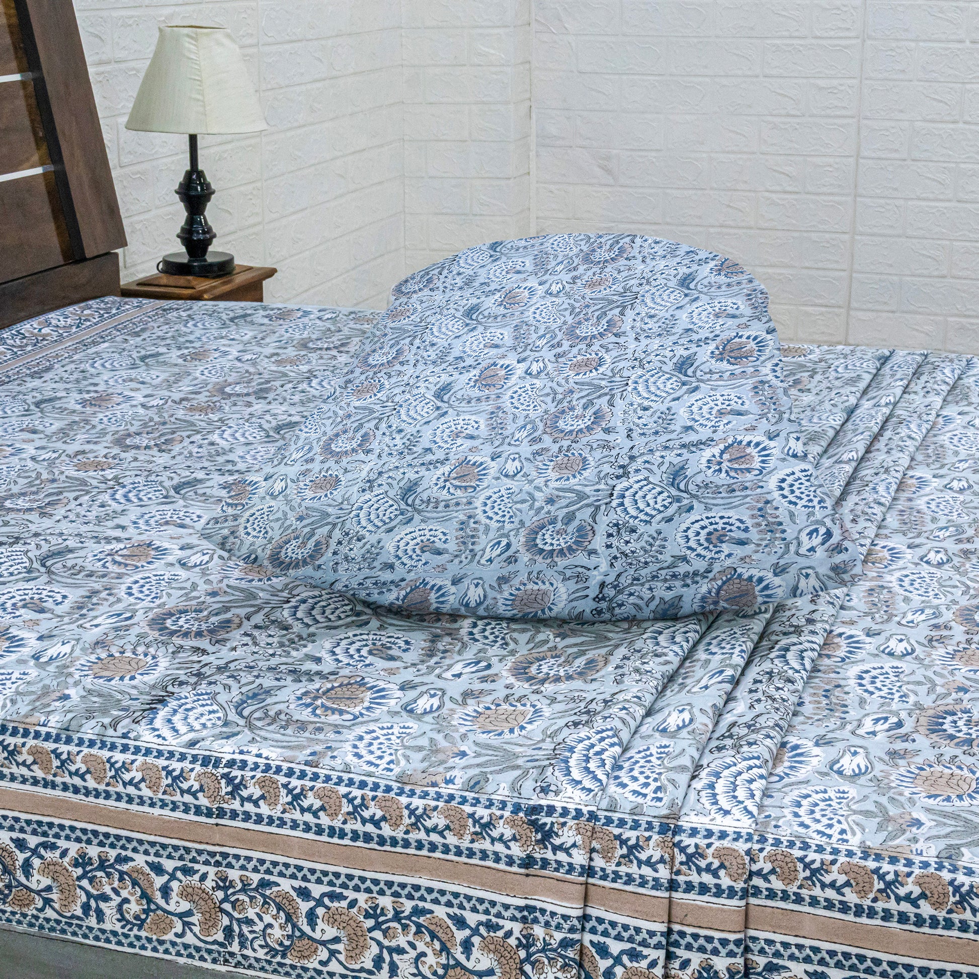 Indian Handmade Block Printed Gray and Brown Floral Pattern Cotton Bed sheet For living Room, Kids Room - My Store
