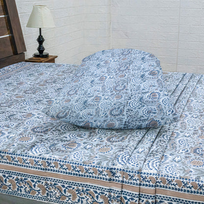 Indian Handmade Block Printed Gray and Brown Floral Pattern Cotton Bed sheet For living Room, Kids Room - My Store