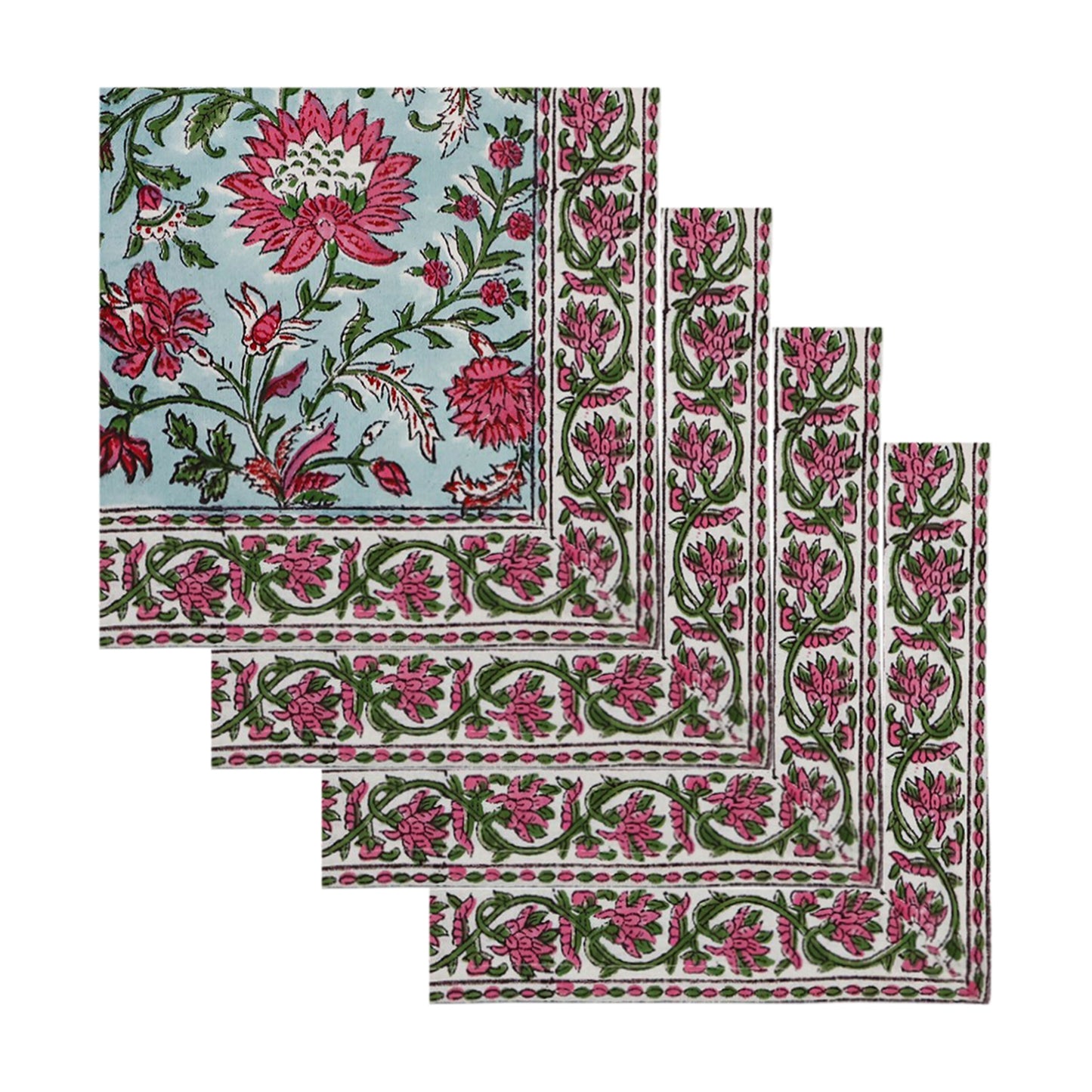 Red Withe Green Handmade Block Printed Cotton Napkins Set Of 4 - My Store