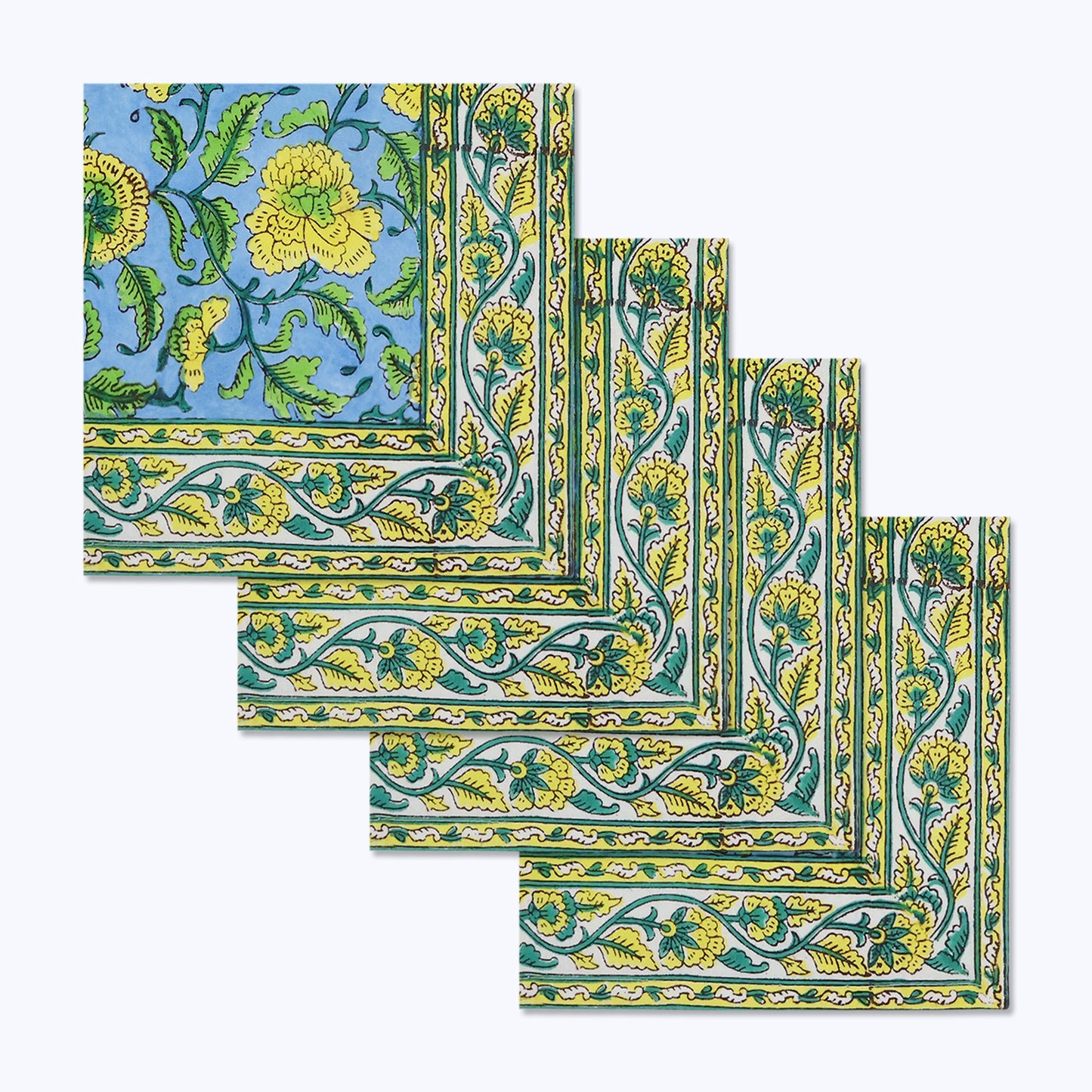 Yellow and Blue Hand Block Printed Cotton Napkins Set Of 4 - My Store