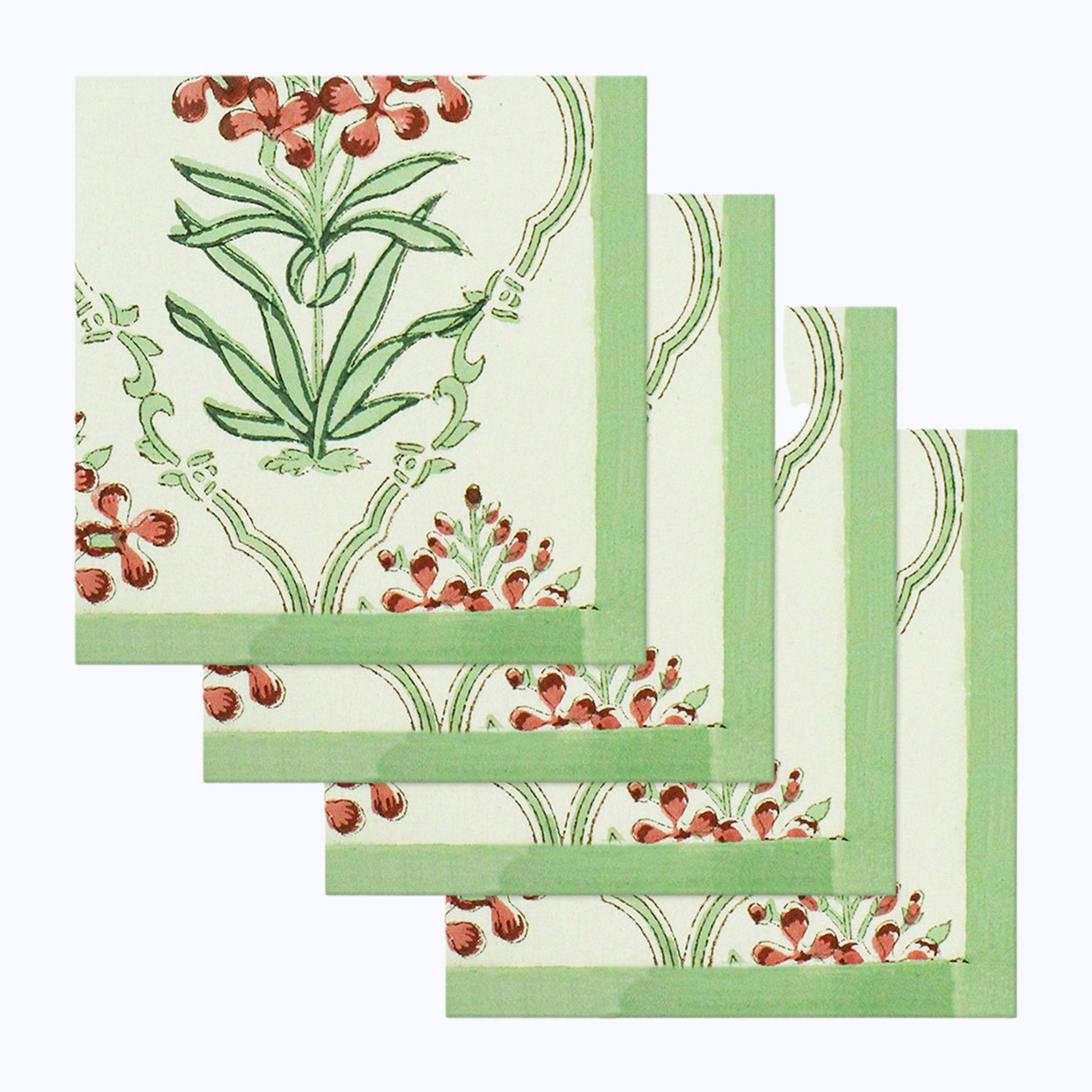 Green and White Hand Block Printed Cotton Napkins Set Of 4 - My Store