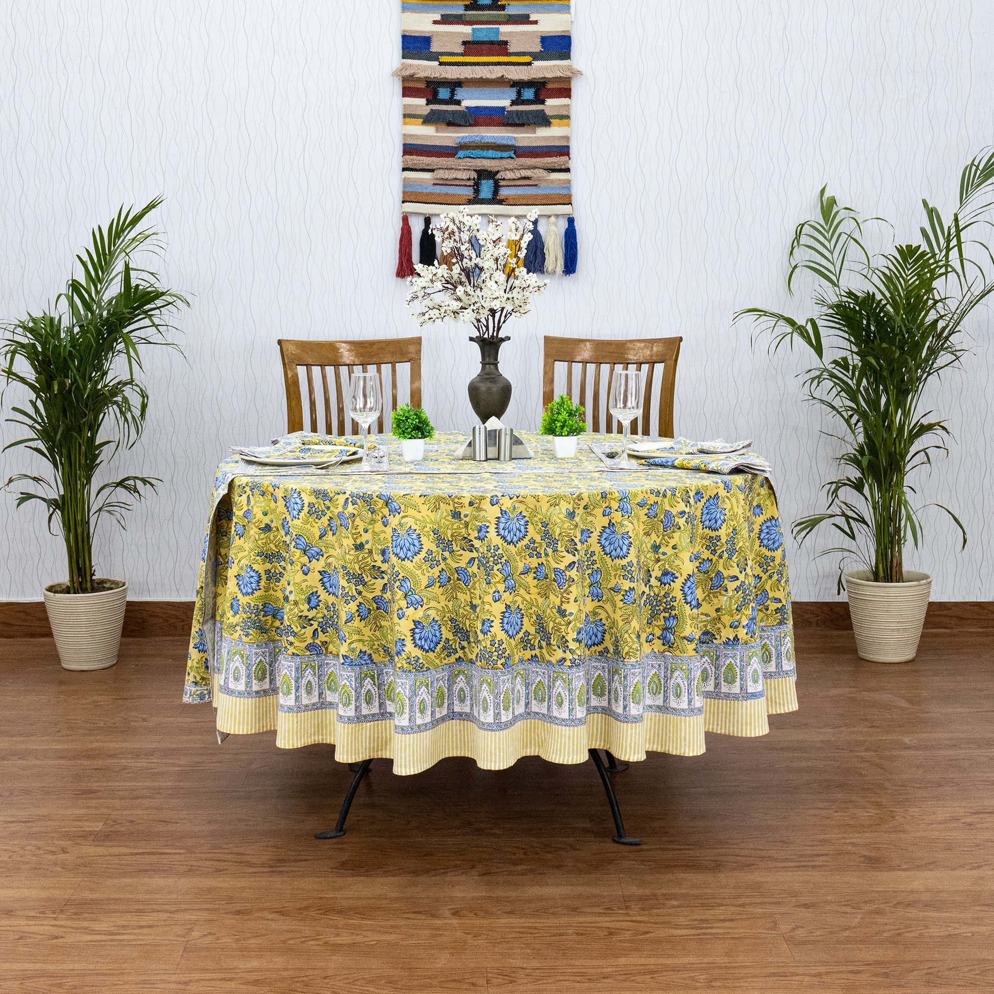 Yellow and Blue Handmade Round Cotton Tablecloth - My Store