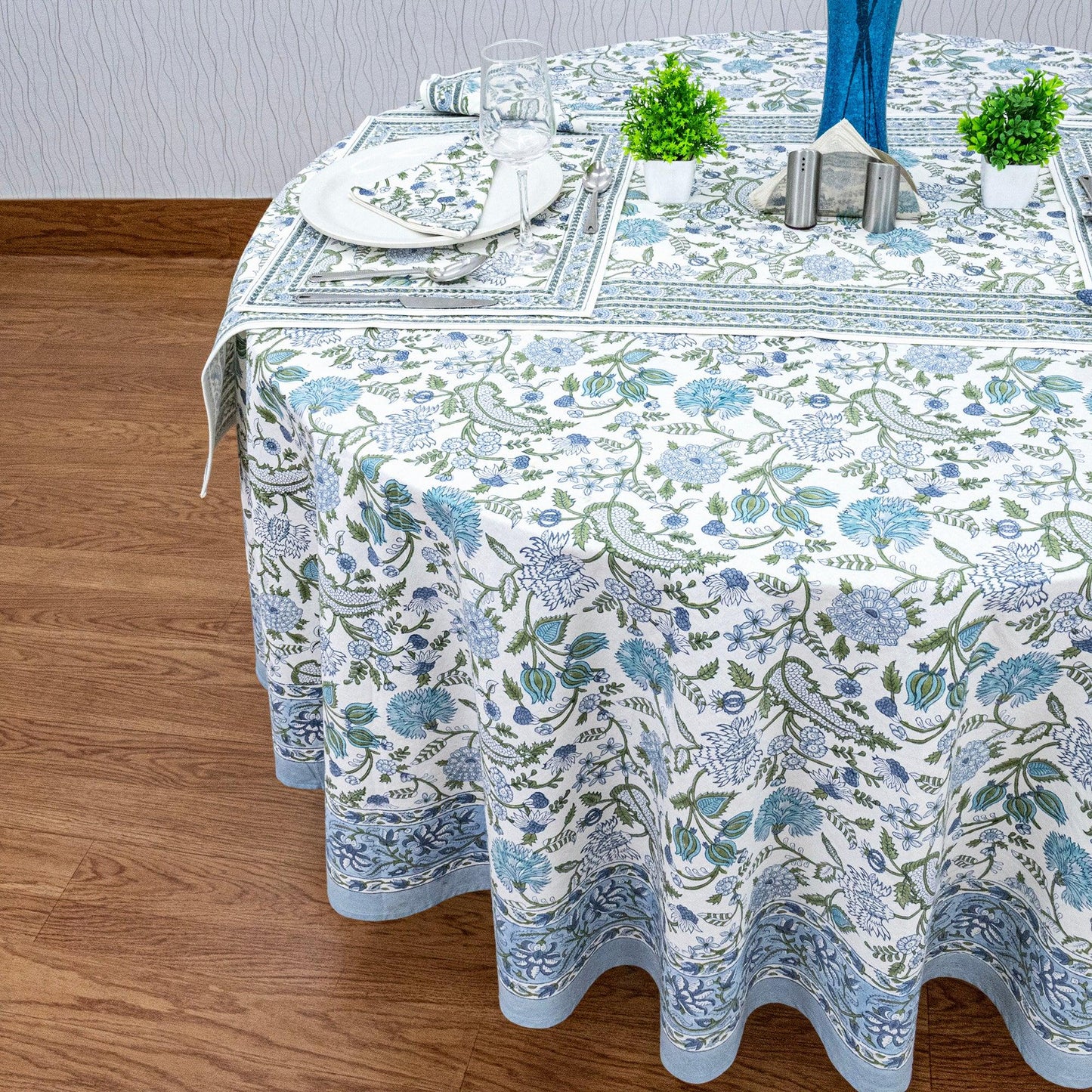 Baby Blue and White Floral Block Printed Round Table Cover - My Store
