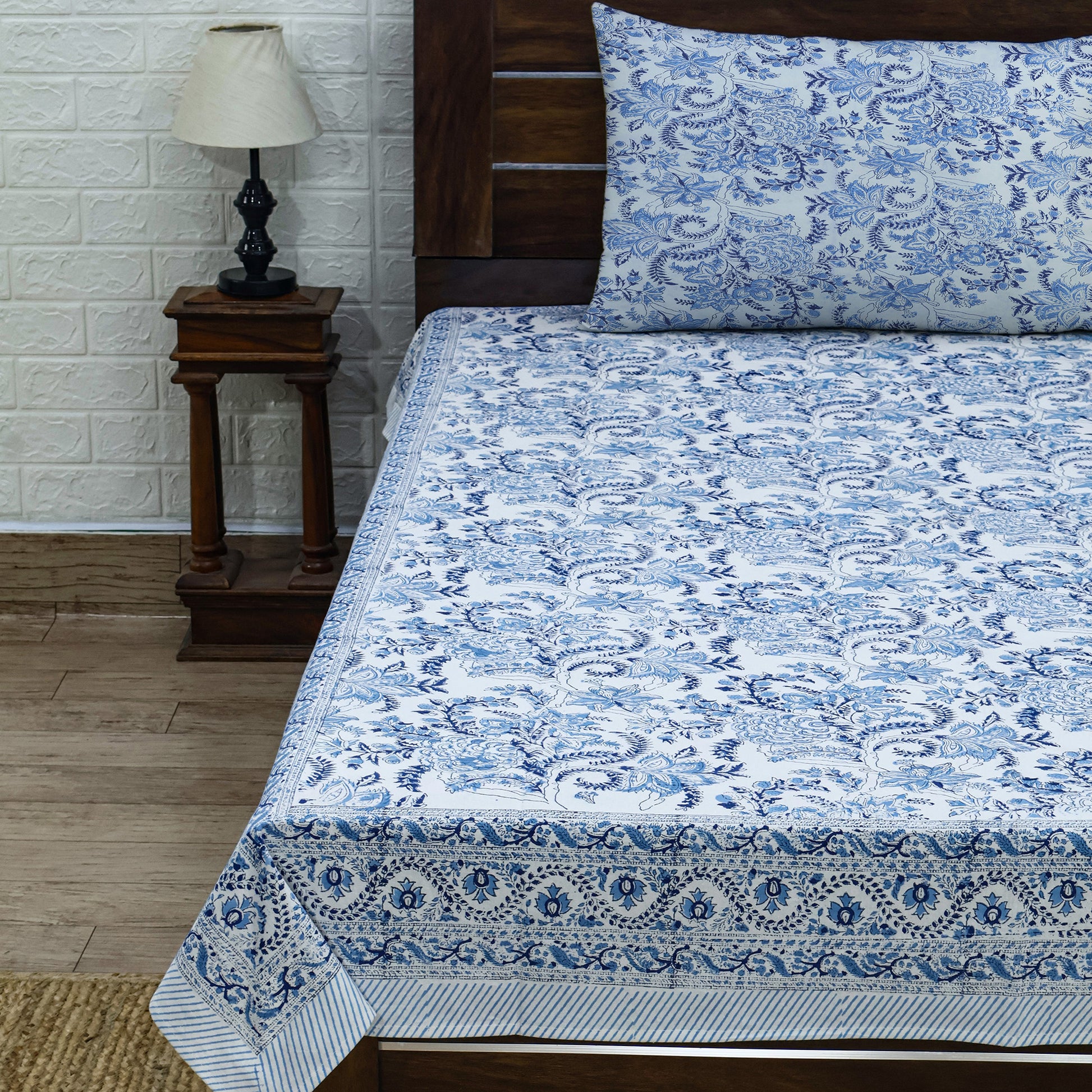 Indian Handmade Block Printed Blue and White Floral Pattern Cotton Bed sheet For living Room, Kids Room - My Store