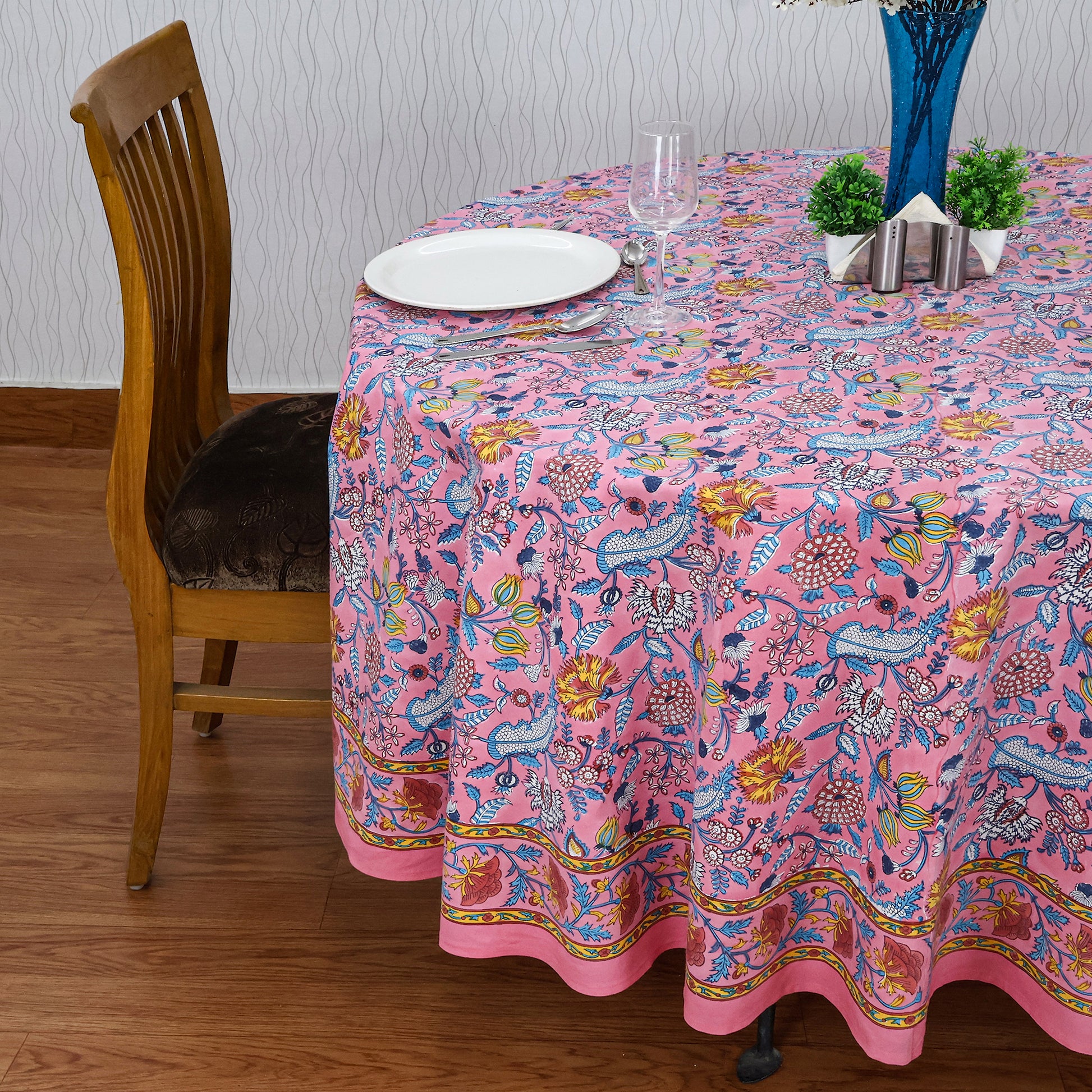 Pink and Blue Handmade Block Printed Round Tablecloth - My Store
