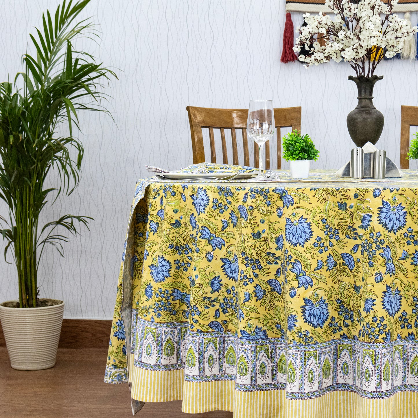 Yellow and Blue Handmade Round Cotton Tablecloth - My Store