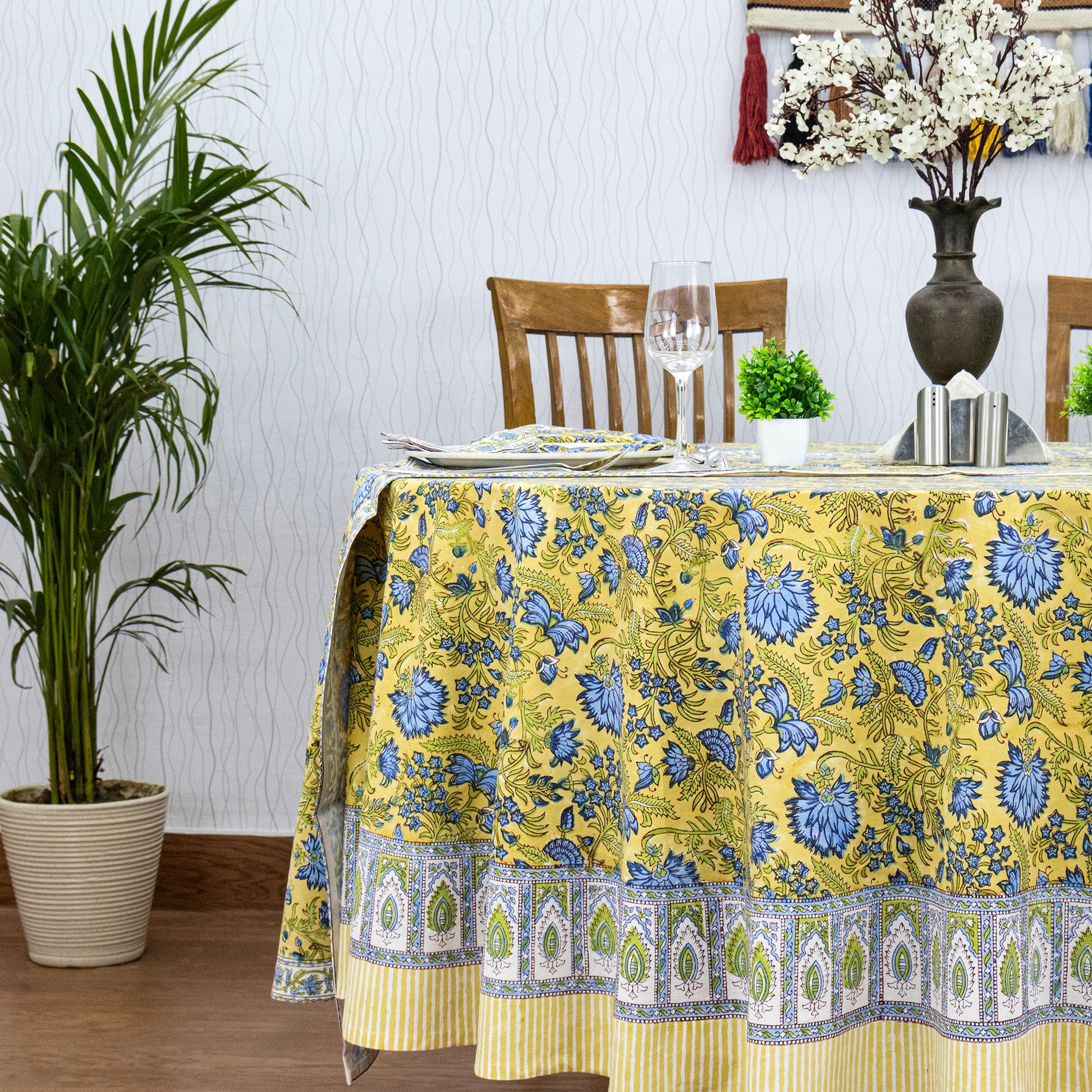 Yellow and Blue Handmade Round Cotton Tablecloth - My Store