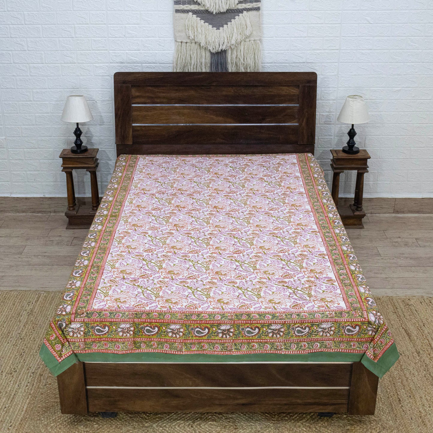 Cotton Bedsheet – Hand Block Floral Print – Pink & Brown – King, Queen, Twin Sizes - My Store
