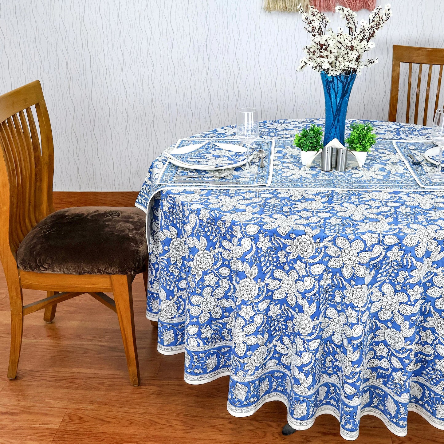 Cerulean Blue Base and White Floral Hand Block Printed Cotton - My Store