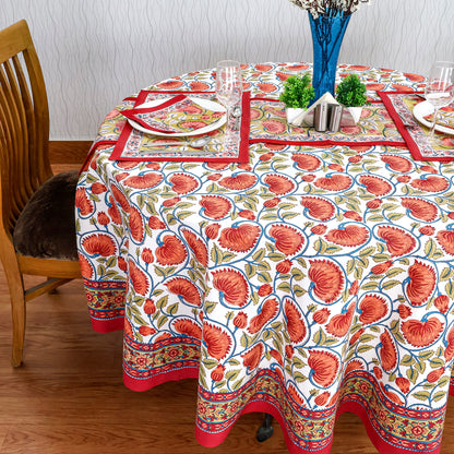 Floral Handmade Block Printed Cotton Round Tablecloth - My Store