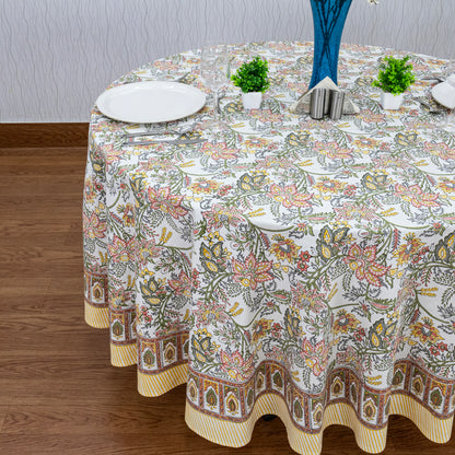 Teal Blue and White Floral Table Cloth, Block Printed Table Cover, Round Table Cloth - My Store