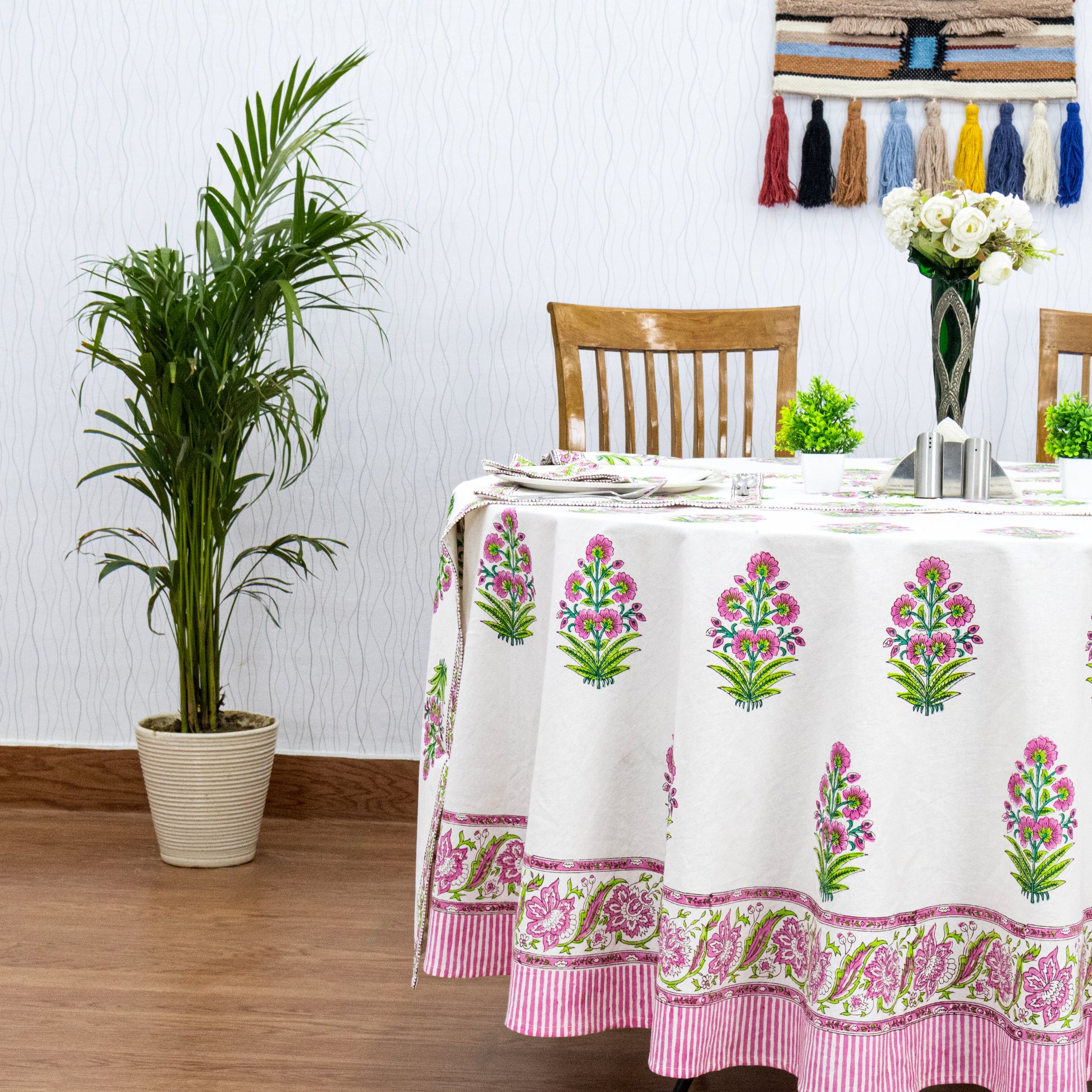 White and Pink Handmade Block Printed Cotton Tablecloth - My Store