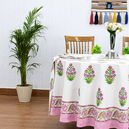 White and Pink Handmade Block Printed Cotton Tablecloth - My Store