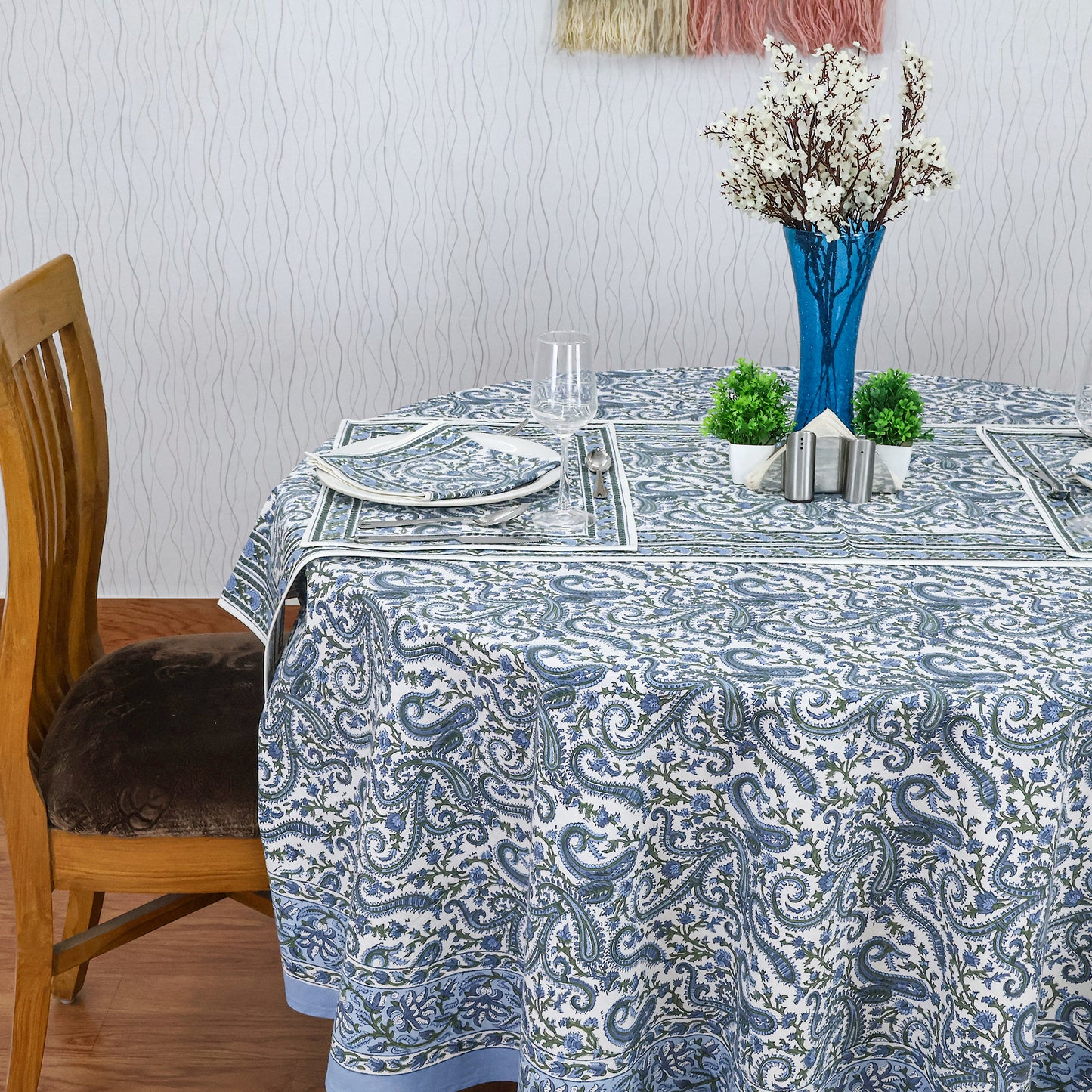 Blue Cotton Hand Block Printed Round Tablecloth - My Store