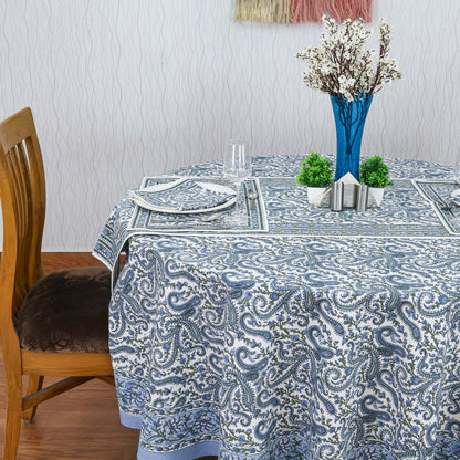 Blue Cotton Hand Block Printed Round Tablecloth - My Store