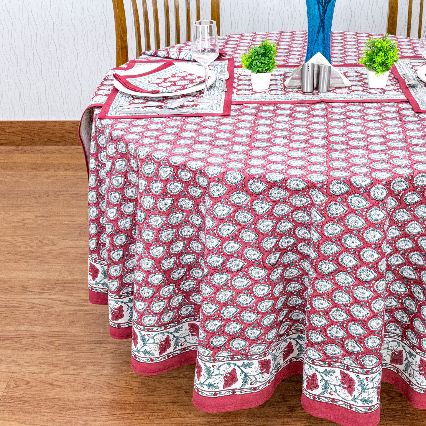 Red and White Cotton Hand Block Printed Round Tablecloth - My Store