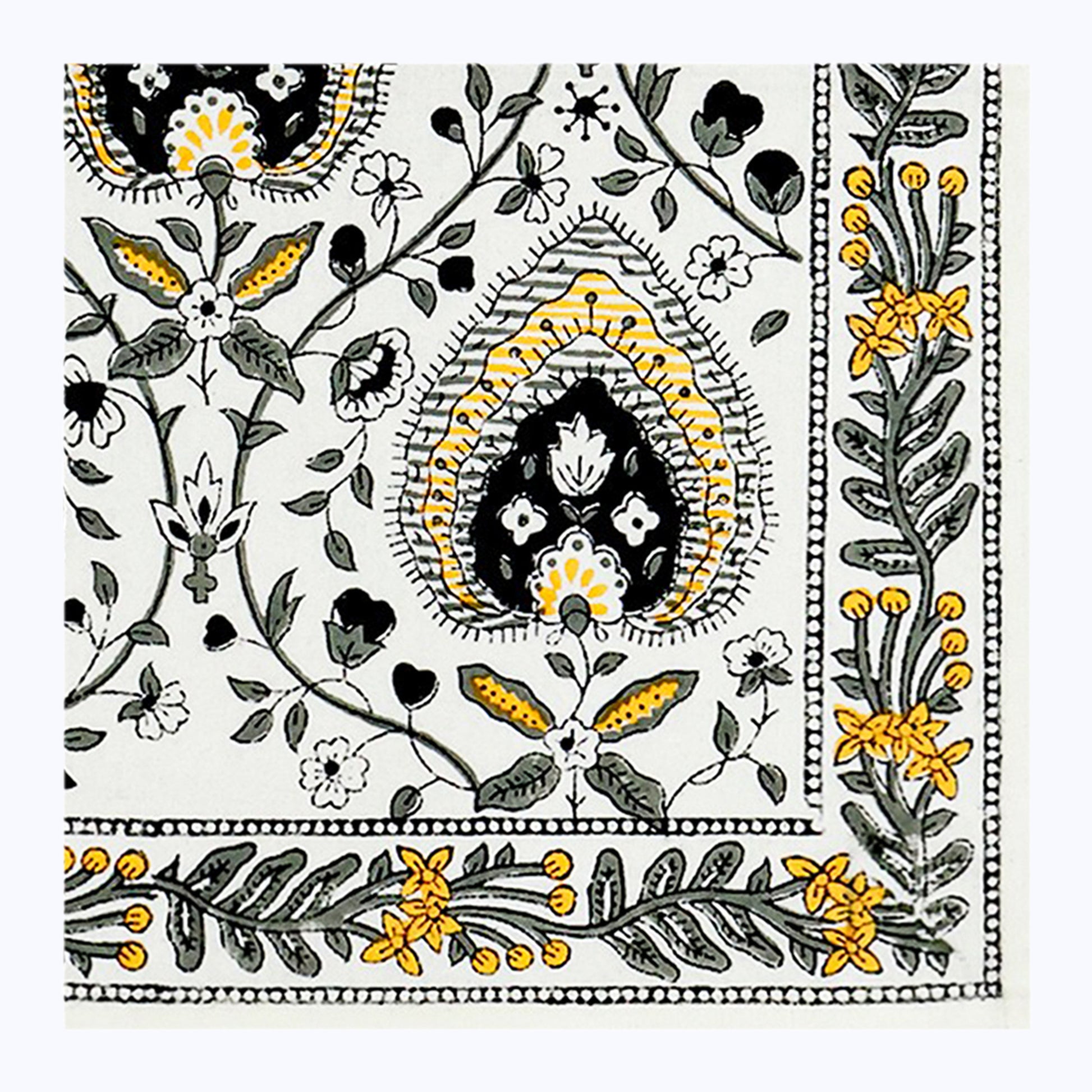 Yellow and Black Hand Block Printed Cotton Set Of 4 Napkins - My Store