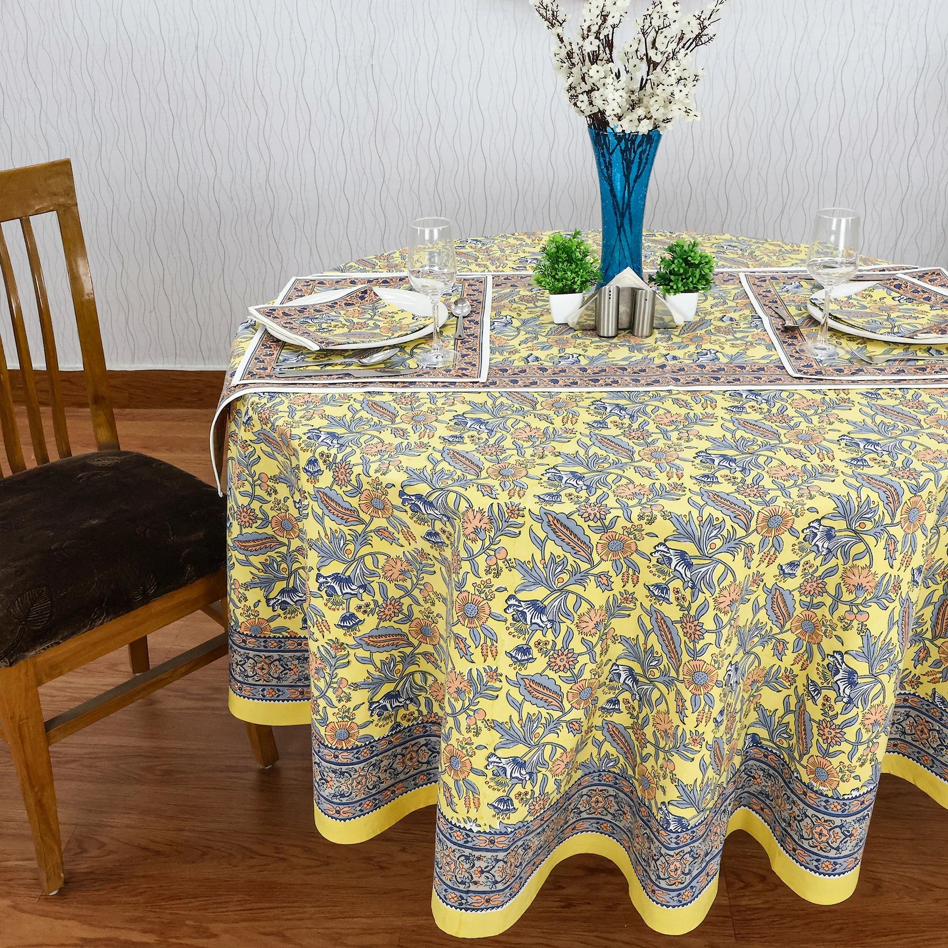 Blue & Yellow Cotton Hand Block Printed Round Tablecloth - My Store