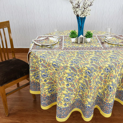 Blue & Yellow Cotton Hand Block Printed Round Tablecloth - My Store