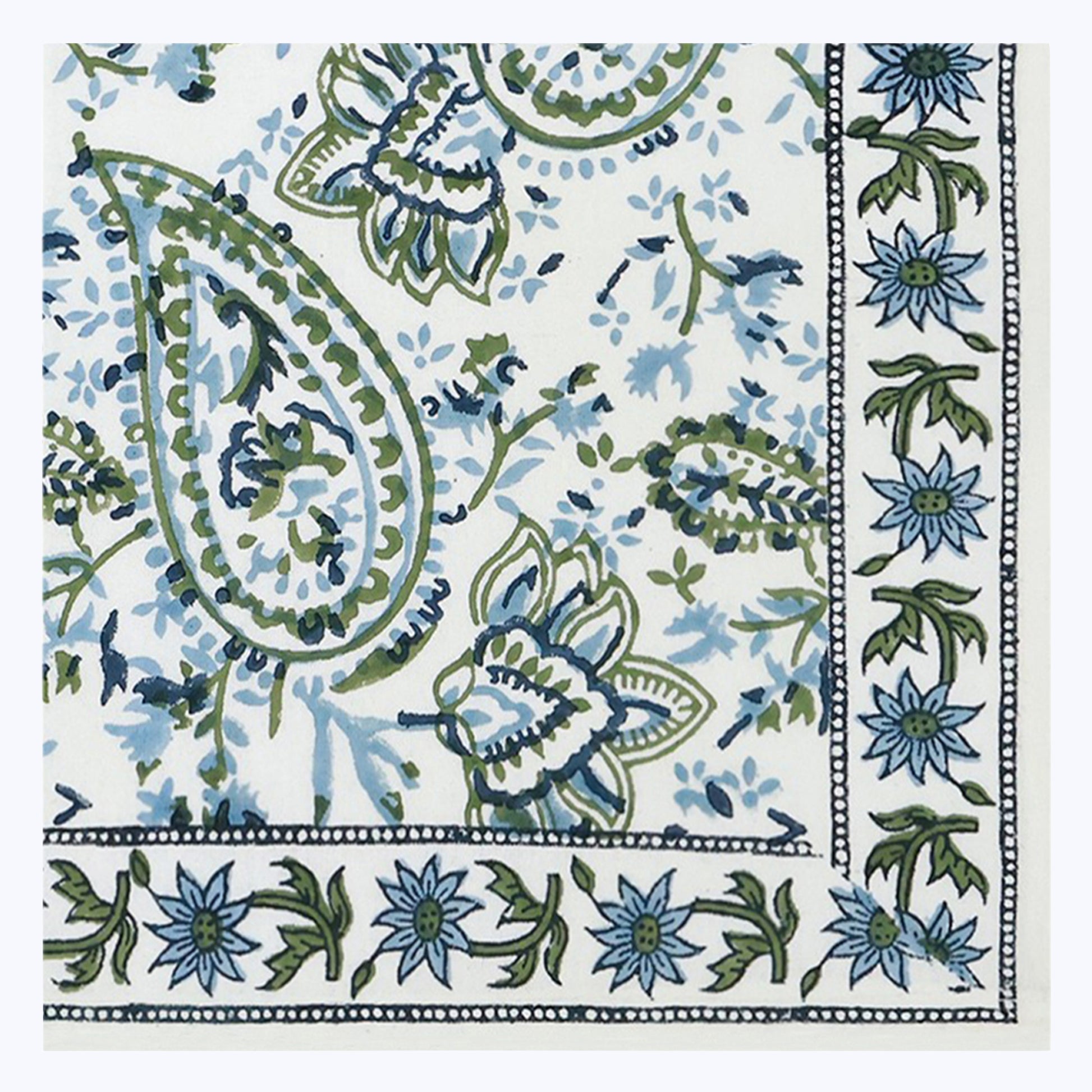 Green and White Hand Block Printed Cotton Napkins Set Of 4 - My Store