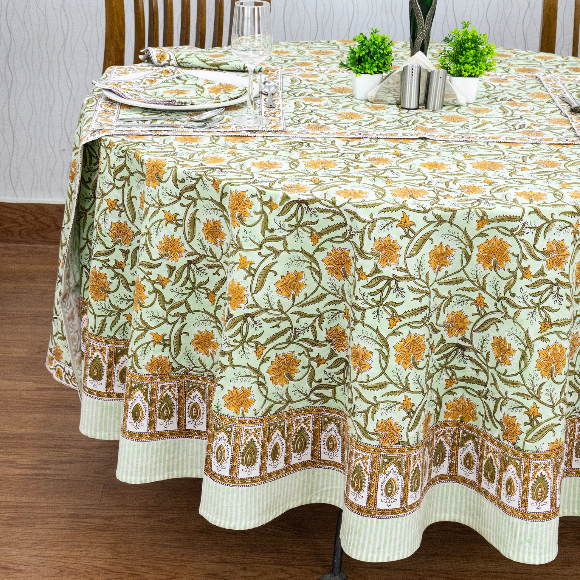 Green and Orange Hand Block Printed Cotton Tablecloth - My Store