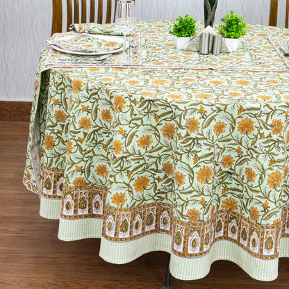 Green and Orange Hand Block Printed Cotton Tablecloth - My Store